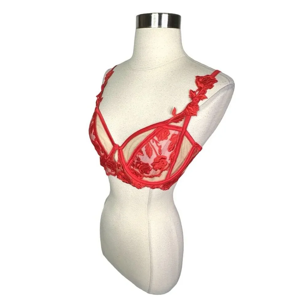 For Love & Lemons Romantic Roses Bra - Size Large (38A, 36B/C, 34DD, 38D)